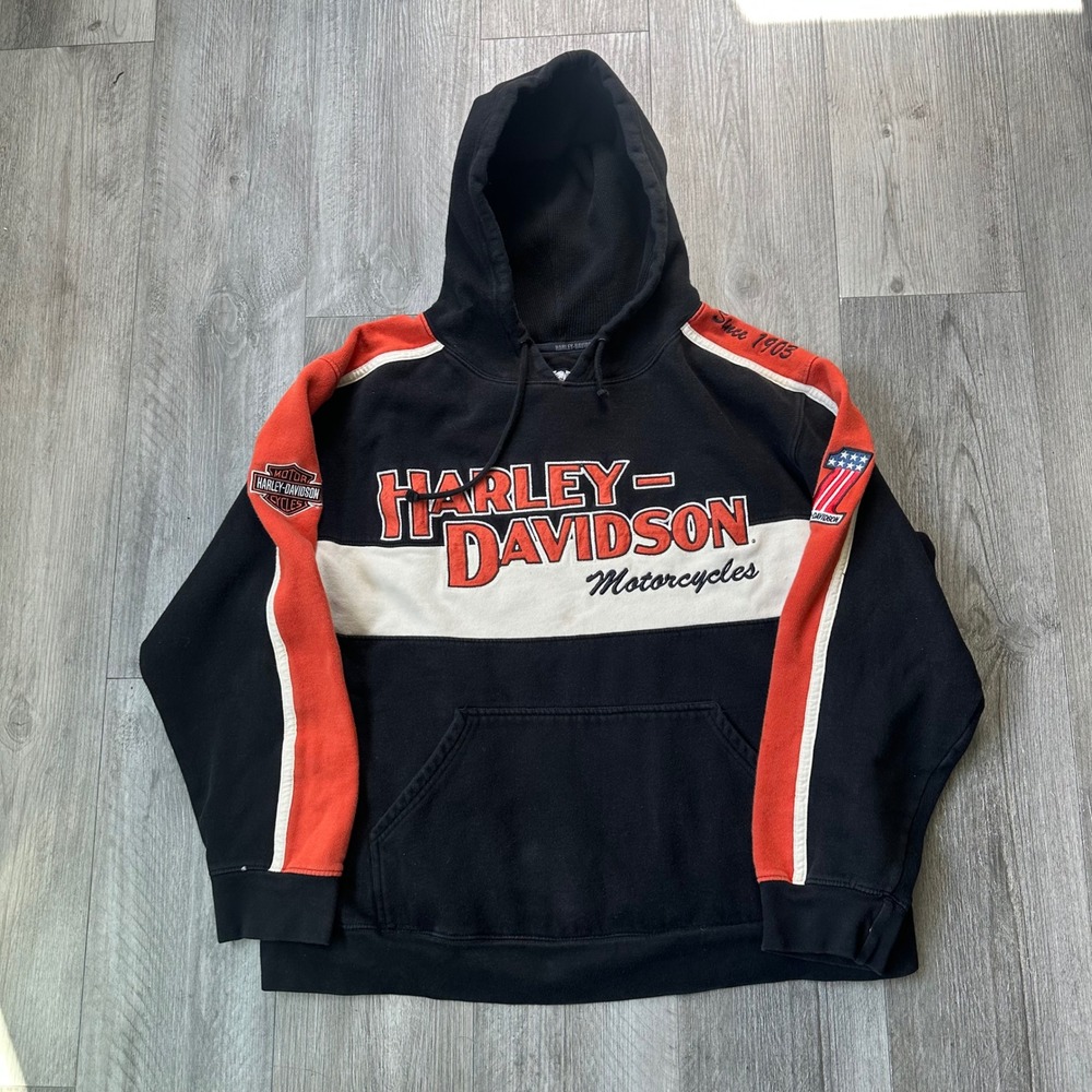 Harley-Davidson embroided Black Orange Hoodie Men's XL Since vintage biker Y2K